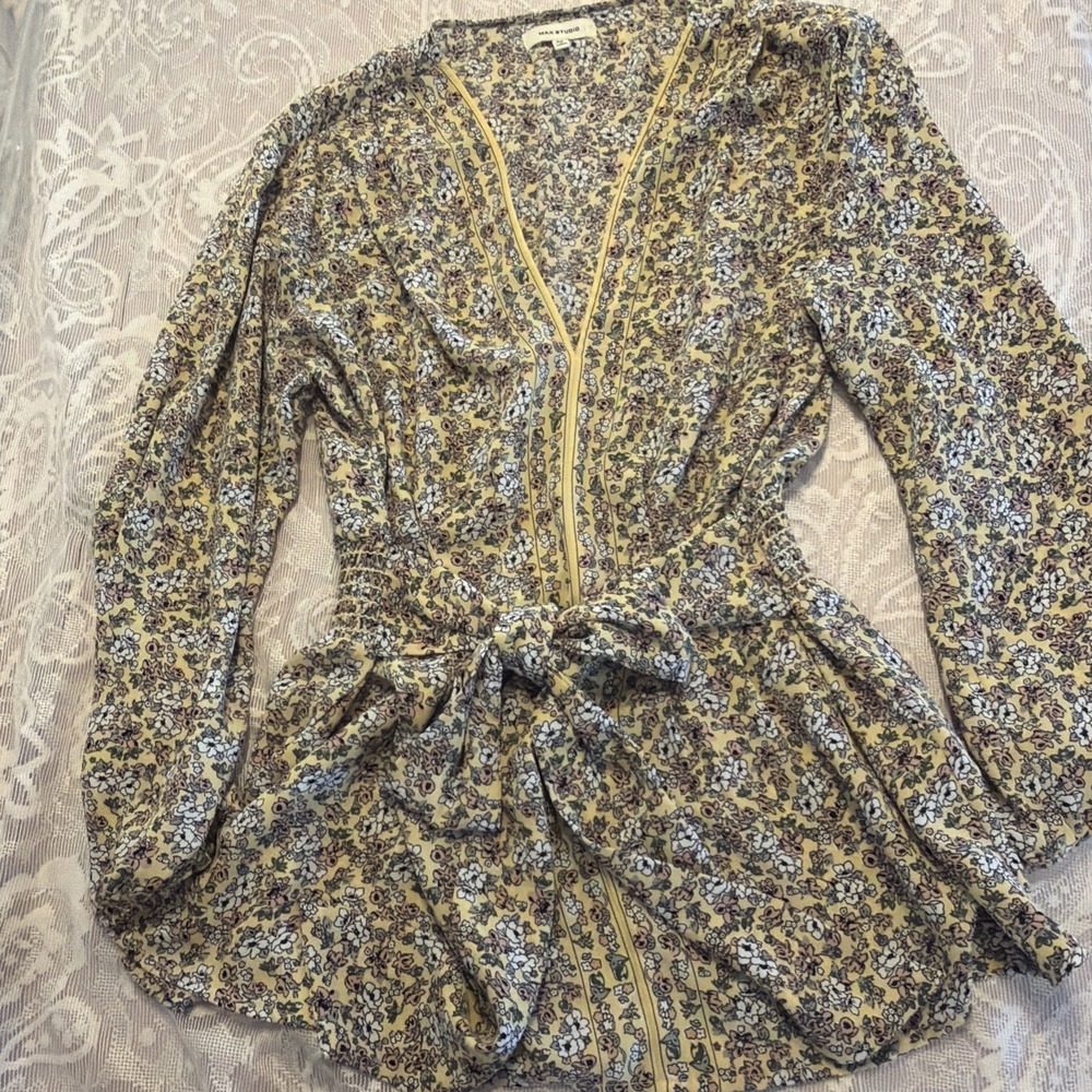MAX STUDIO Blouse Floral Pattern Smocked Tie Waist Balloon Sleeves Boho Med